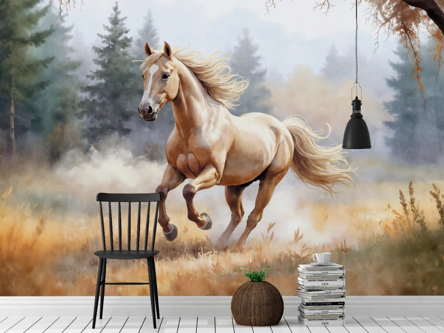 ✅ Tapet cu cal în galop printre brazi. ✓ Simbol al libertății și eleganței. 🚚 Livrare rapidă în România.