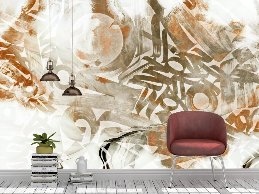 🎨 Foto Tapet abstract caligrafic în nuanțe de bej și cupru