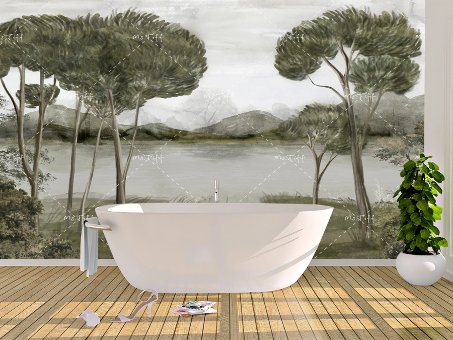 Tapet cu pini și lac, design pictural calmant. ✓ Ideal pentru baie sau dormitor