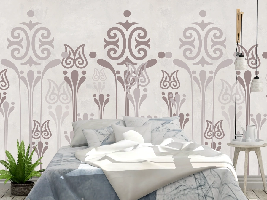 Tapet cu design decorativ în tonuri bej-gri. ✓ Ideal pentru dormitor sau living modern.