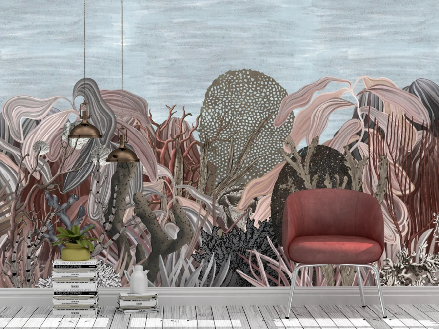 Fototapet abstract cu plante marine în nuanțe bej-roz și gri. ✓ Ideal pentru living modern.