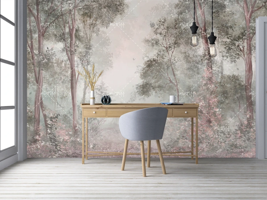 Tapet cu pădure în nuanțe pastelate de verde și roz. ✓ Creează un decor relaxant și rafinat. Tapet pe perete.