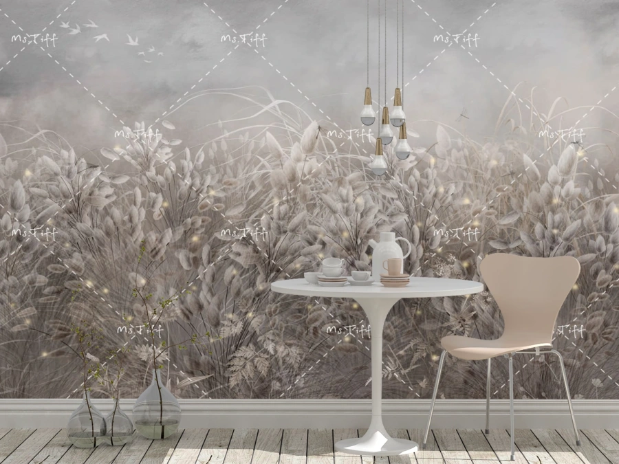 Tapet floral bej cu ierburi delicate. ✓ Ideal pentru living sau dormitor