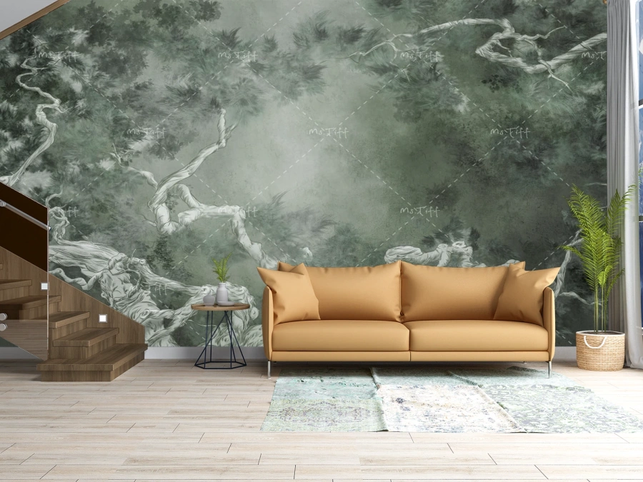 Tapet natură abstractă în nuanțe verzi și gri. ✓ Design artistic și calmant. Tapet pe perete.