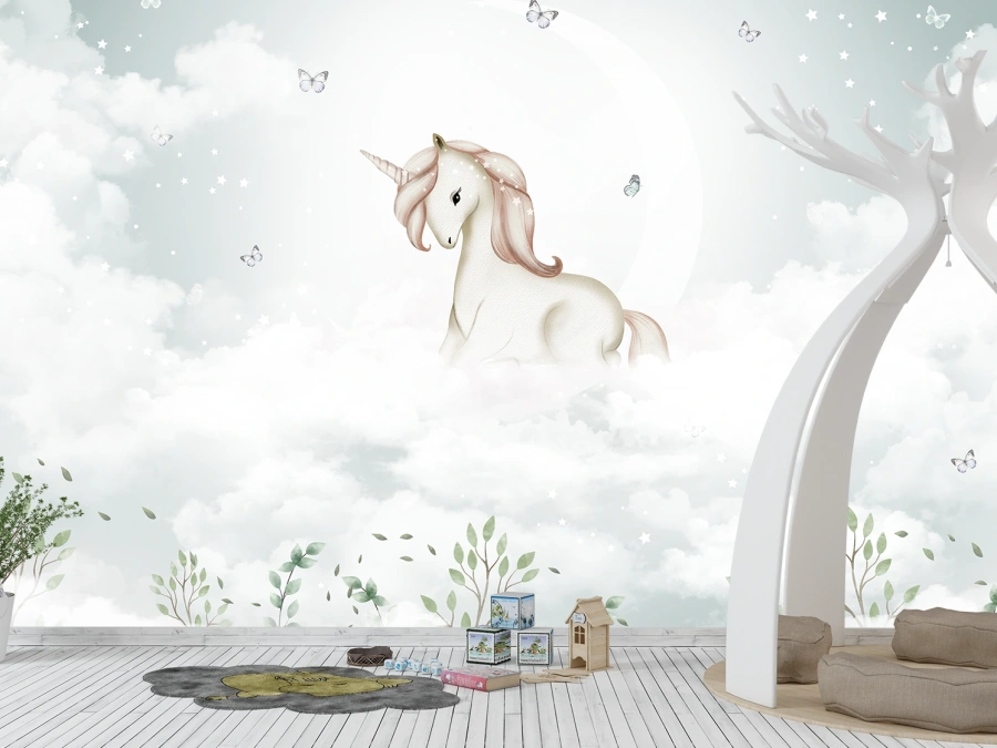 Fototapet cu unicorn pe nori și stele strălucitoare. ✓ Ideal pentru camera fetiței