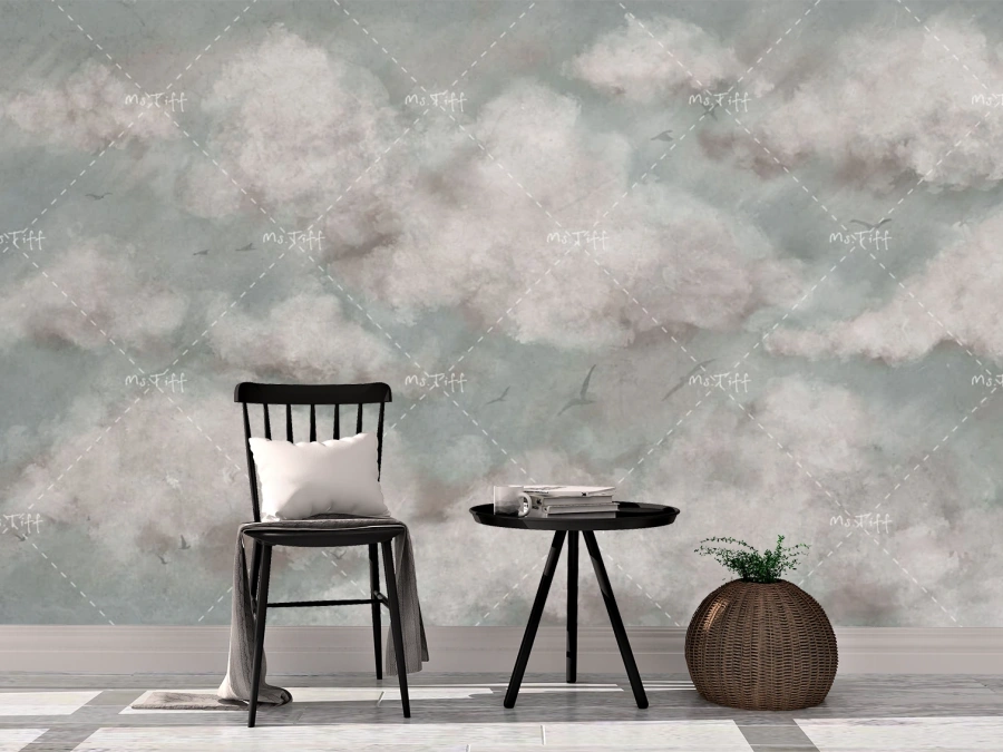 Fototapet cu nori moi pe fundal gri-albastru. ✓ O alegere ideală pentru un decor relaxant și rafinat.