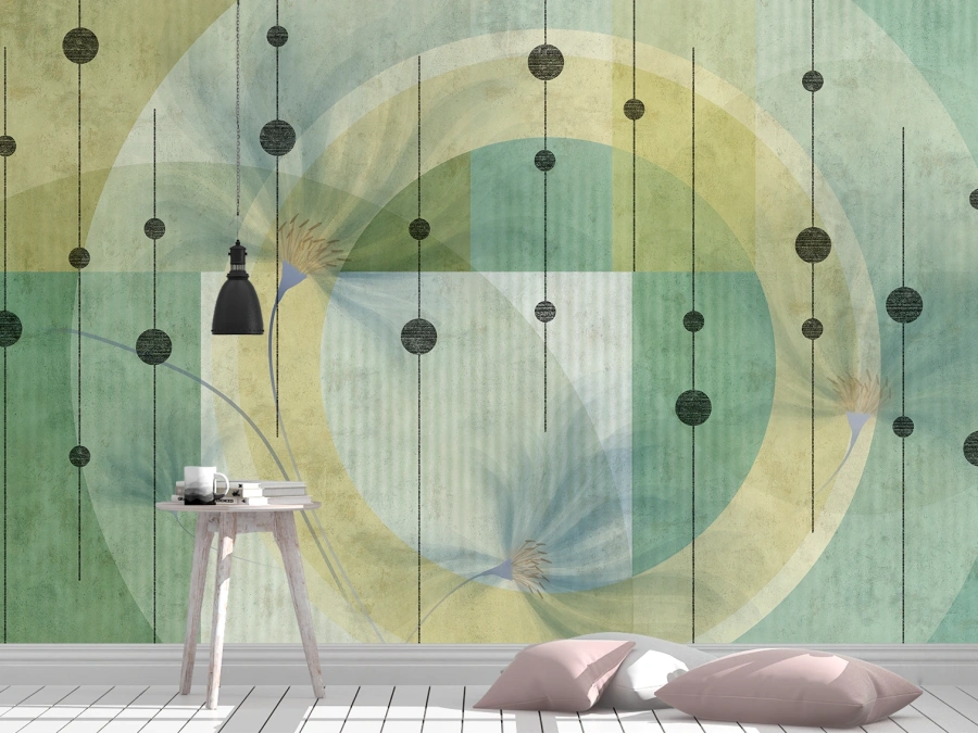 Tapet Abstract Verde-Galben cu Forme Geometrice