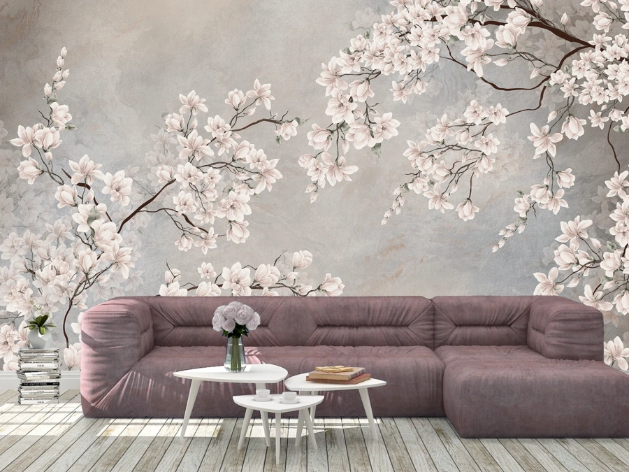 Tapet cu flori de magnolie pe fundal gri. ✓ Ideal pentru living sau dormitor.