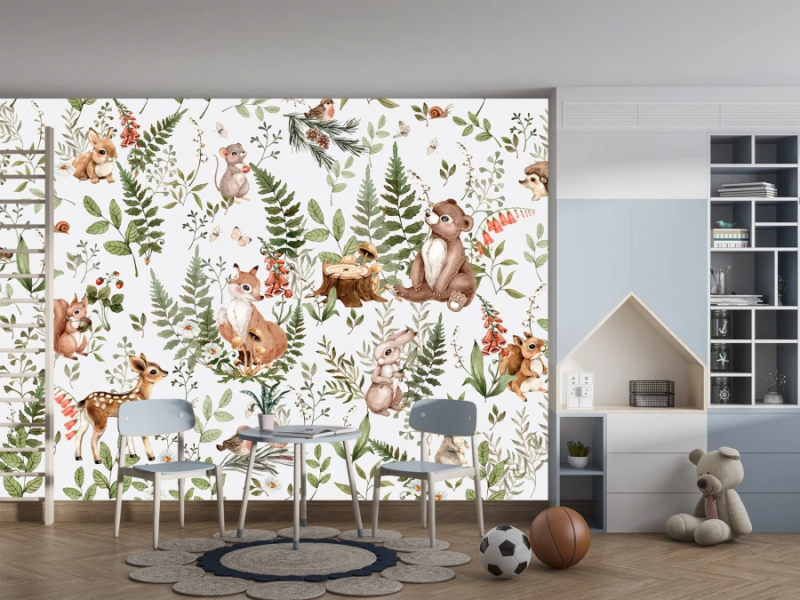 Tapet cu animale drăgălașe din pădure. ✓ Perfect pentru camera copiilor, plin de culoare și bucurie