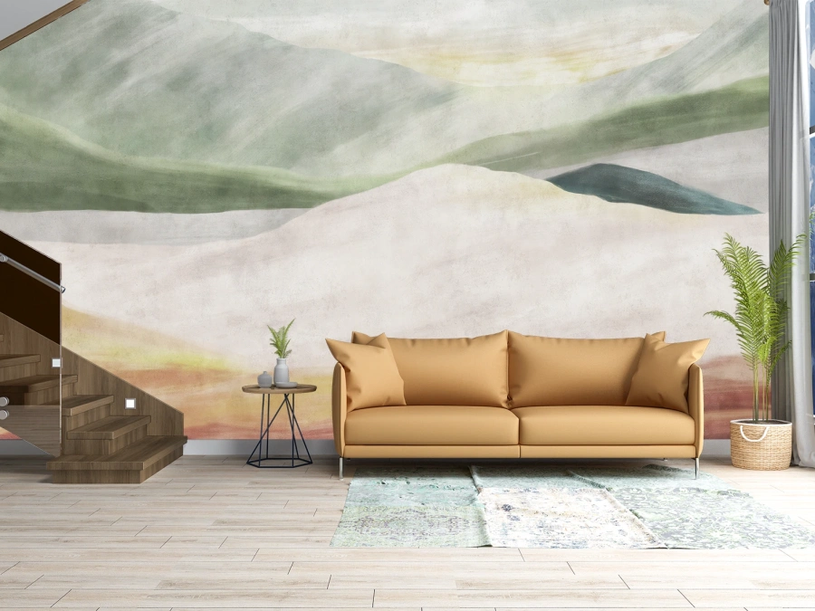 Tapet cu peisaj abstract în nuanțe verzi și crem. ✓ Ideal pentru living modern și luminos. Tapet pe perete.