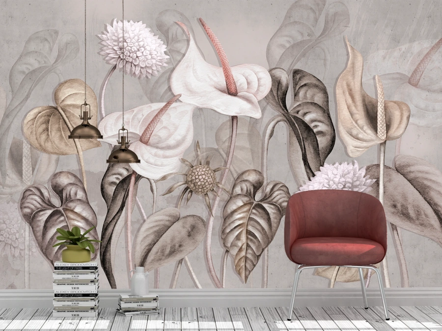 Tapet cu flori anthurium în nuanțe bej-roz.