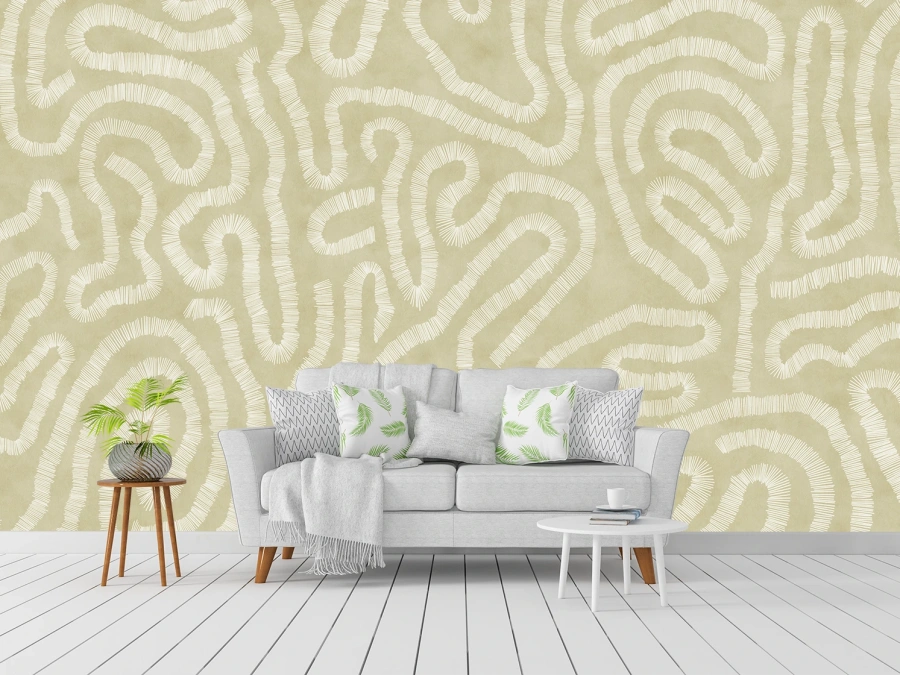 Tapet bej cu linii albe abstracte pentru un decor elegant. ✓ Potrivit pentru living, dormitor sau birou.