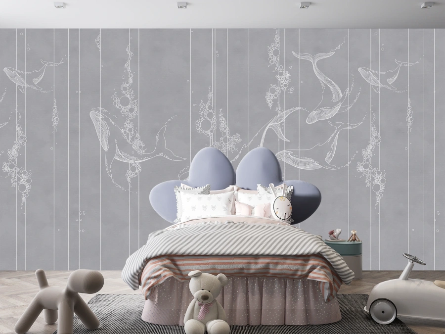 Fototapet cu balene albe pe fundal gri. ✓ Ideal pentru camera copiilor