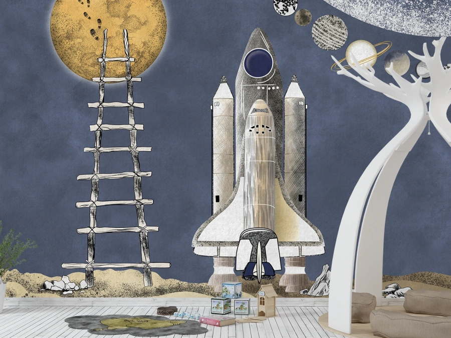 Tapet cu rachetă și planete pentru camera copiilor.
