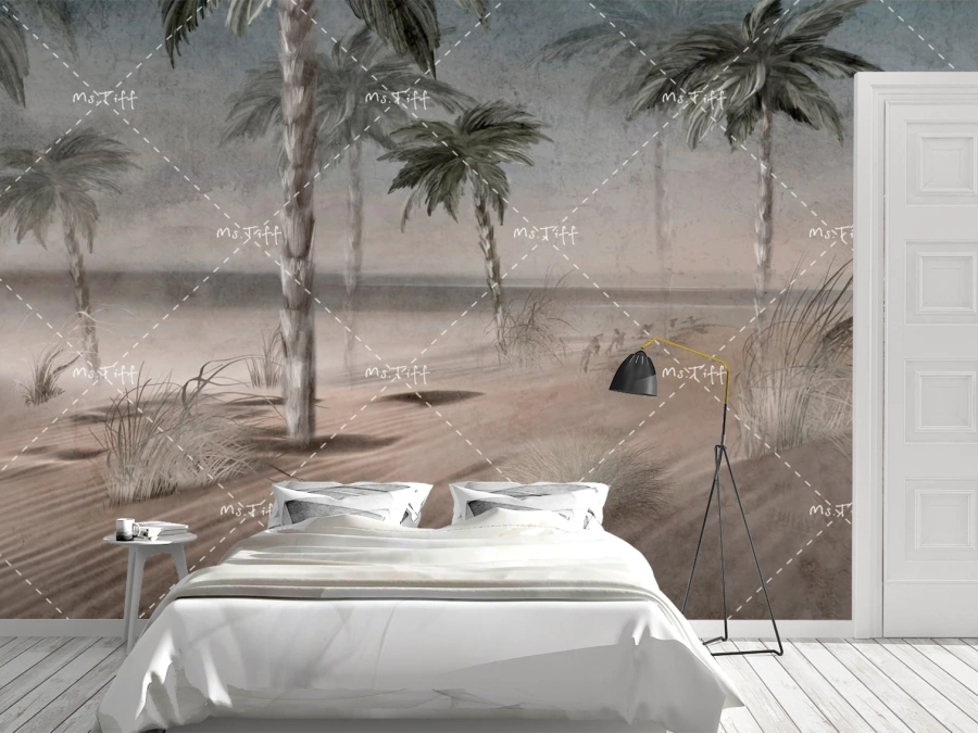 Fototapet plajă cu palmieri în nuanțe calde. ✓ Ideal pentru dormitor sau living.