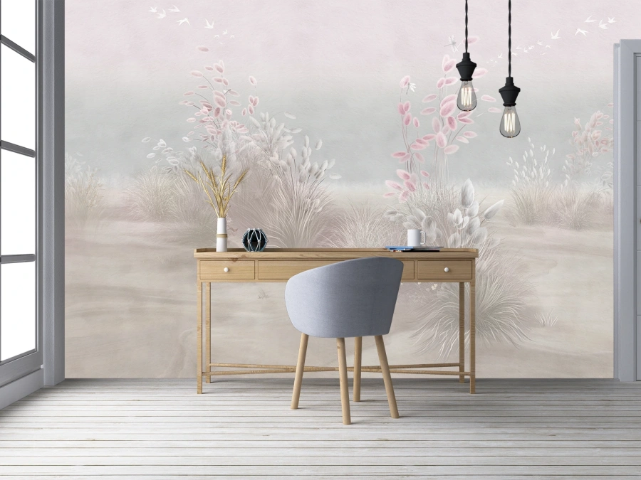 🌸 Foto Tapet Pastel Roz-Gri cu Peisaj Delicat