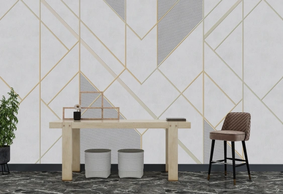 Fototapet geometric alb-auriu cu linii moderne