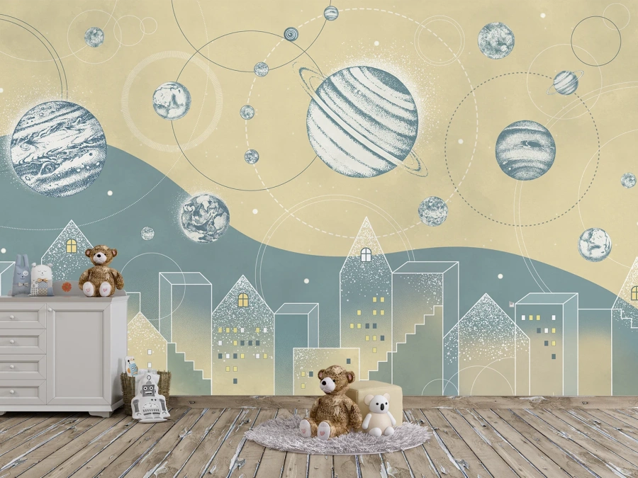 Tapet cosmic cu planete și oraș stilizat