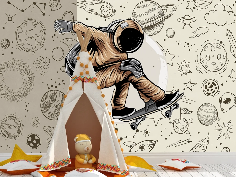 Fototapet astronaut pe skateboard. ✓ Perfect pentru camera copiilor