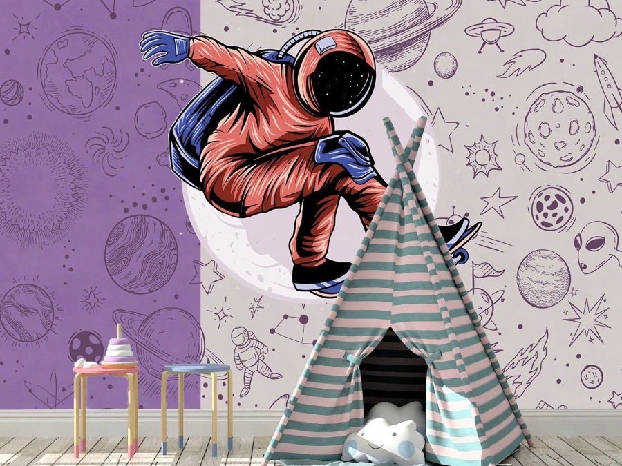 Tapet astronaut pe skateboard în spațiu pentru copii