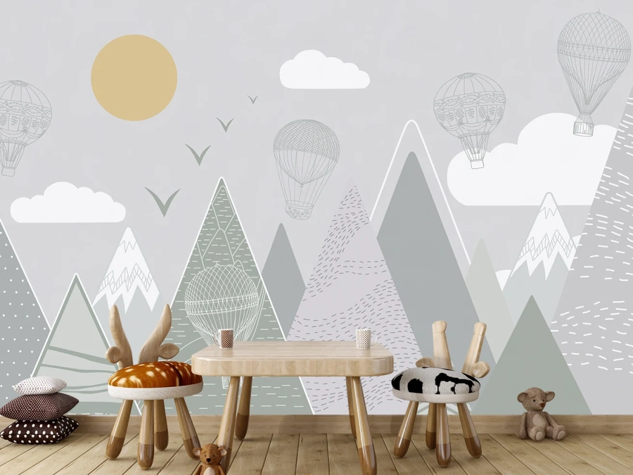 Fototapet „Munte și baloane pastel” pentru copii