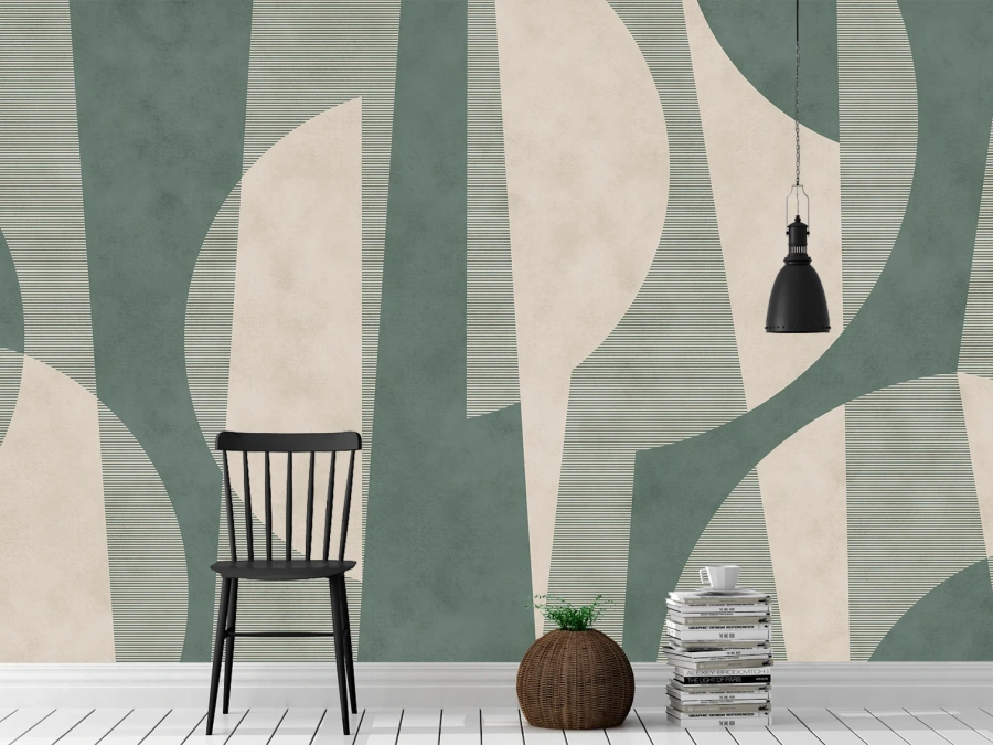 Fototapet abstract verde–bej cu forme moderne