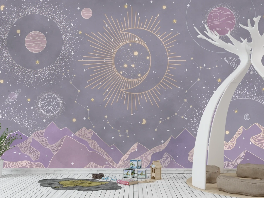 Fototapet Univers violet cu Lună și constelații pentru copii