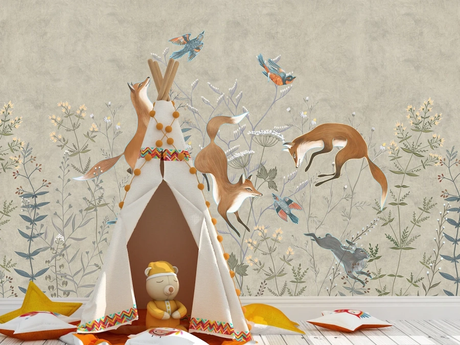 Fototapet copii cu vulpi jucăușe și păsări colorate.