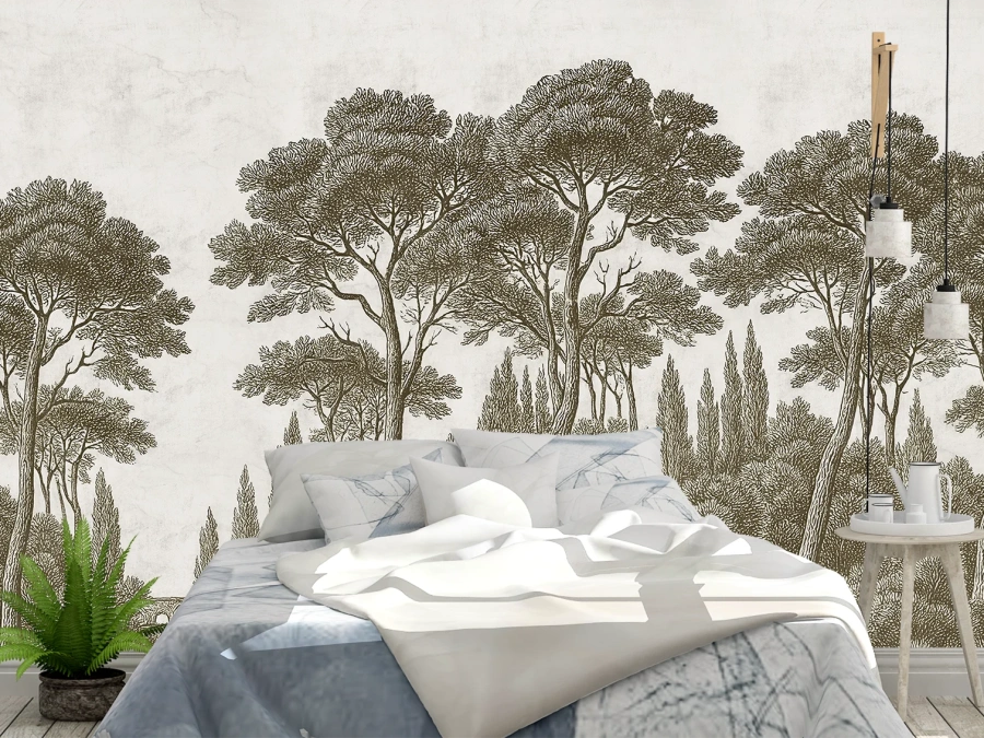 Fototapet pădure vintage cu detalii fine, ideal pentru dormitor sau living.