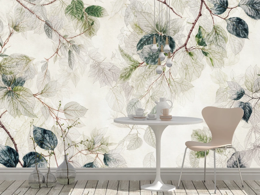 Fototapet frunze acuarelă fin elegante. ✓ Ideal pentru living, dormitor