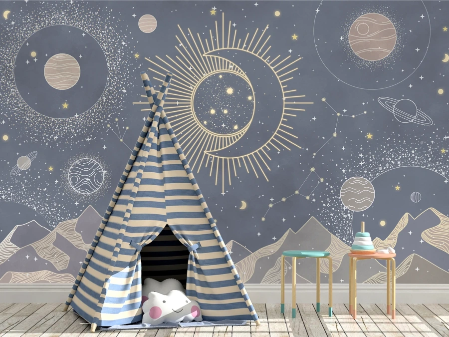 Tapet Cer cosmic cu Lună și constelații pentru copii