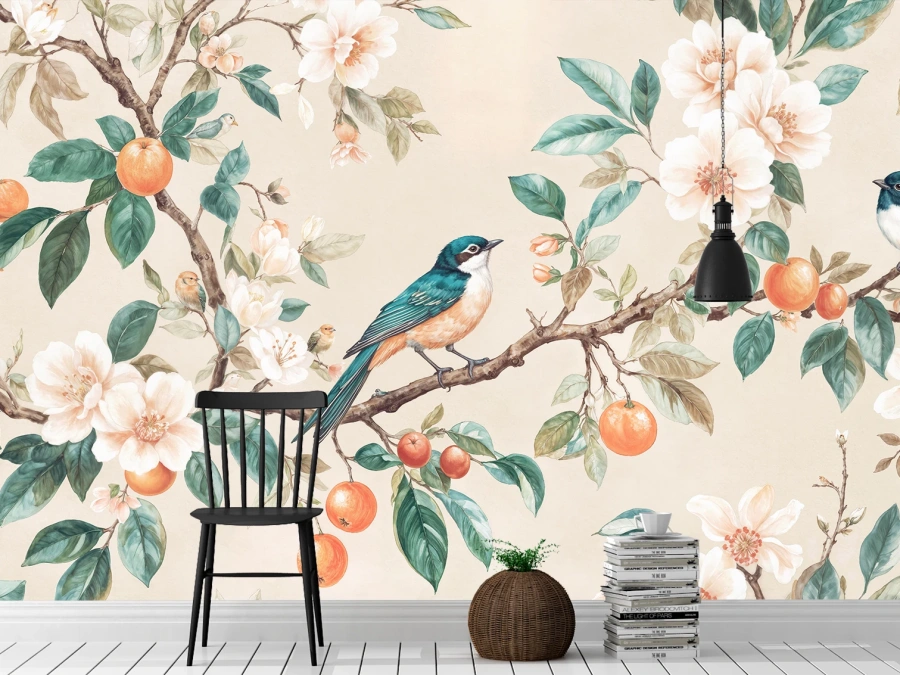 Fototapet păsări pe ramuri înflorite.