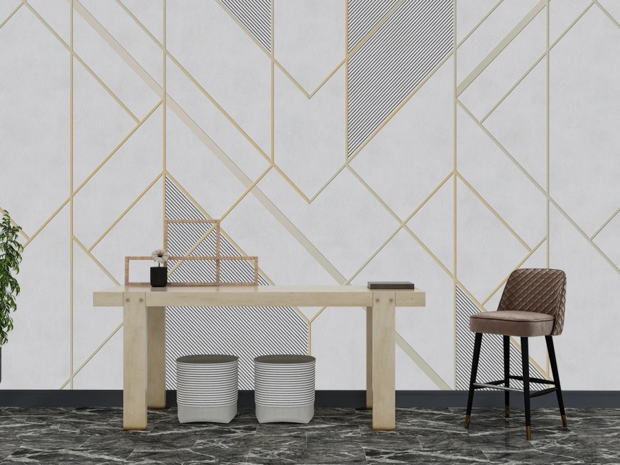 Fototapet geometric alb-auriu pentru interioare moderne