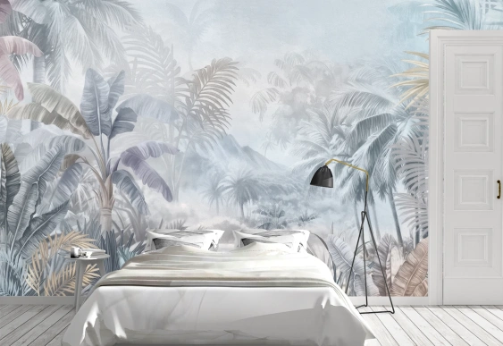 Peisaj tropical pastel cu palmieri și munți, tapet