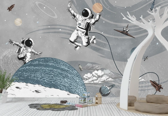 Astronauți în spațiu cu planete și rachete, tapet pentru camera copilului