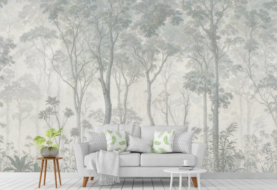 Pădure ceață delicată în tonuri naturale moderne, tapet padure