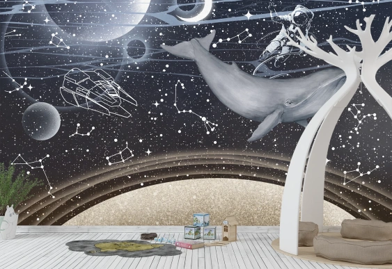 Balena cosmică și astronaut în univers, Tapet pentru copii