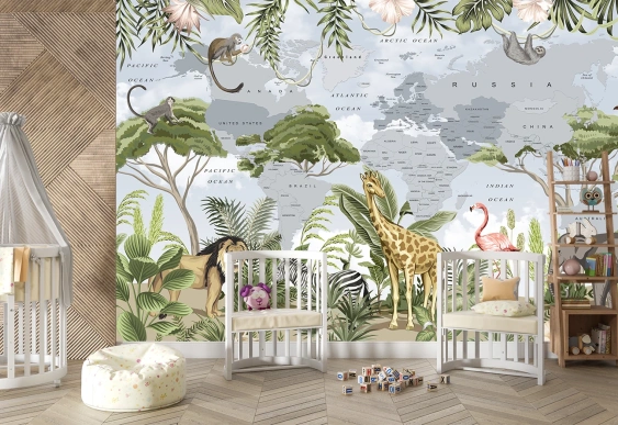 Hartă cu Animale în Junglă și Flori, tapet cu harta a lumii