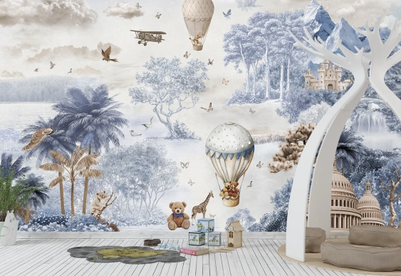 Animale în Baloane cu Aer Cald și Peisaj, tapet copii