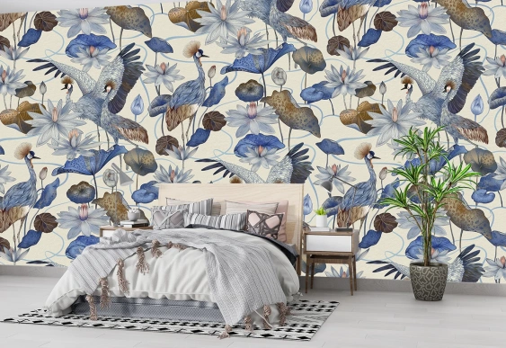 Păsări albastre și flori elegante stil artistic, tapet cu flori