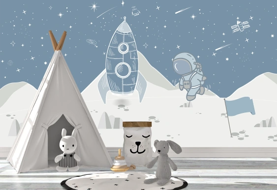 Fototapet spațial pentru copii cu rachetă și astronaut.