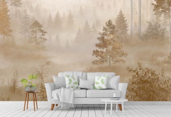 Natură cu Pădure de Brazi în Ceață Sepia, tapet dormitor