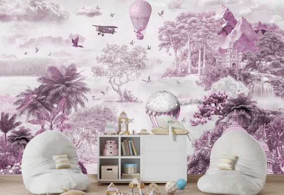 Peisaj roz cu balon și castel, tapet pentru copii