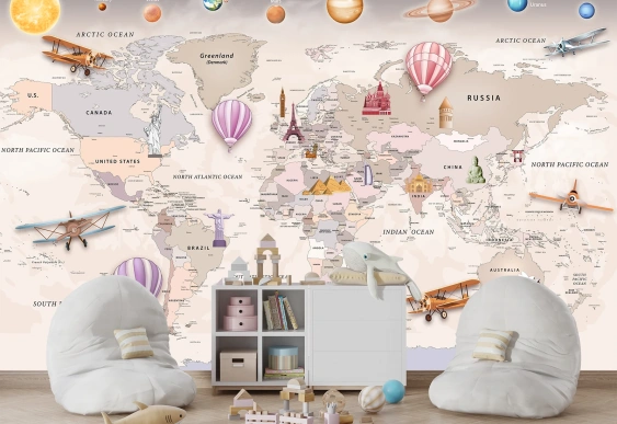 Hartă cu Avioane Baloane și Planete, tapet cu harta a lumii