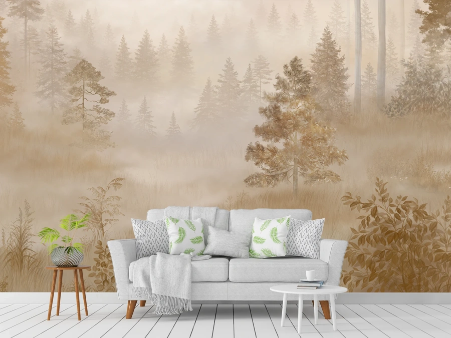 Natură cu Pădure de Brazi în Ceață Sepia, fototapet dormitor