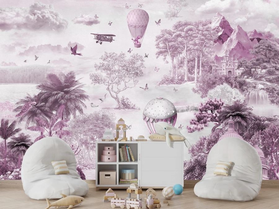 Peisaj roz cu balon și castel, Fotoapet pentru copii