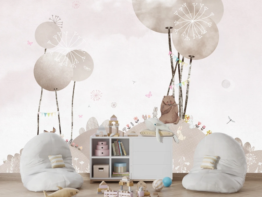 Pădure pastel cu animale delicate, Fototapet pentru copii