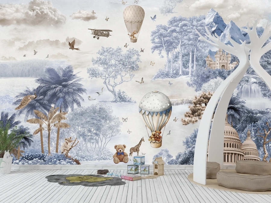 Animale în Baloane cu Aer Cald și Peisaj, fototapet copii