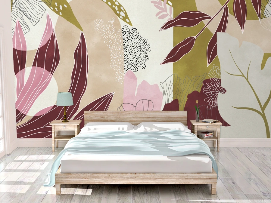 Frunze Tropicale în Culori Pastel, Tapet in living