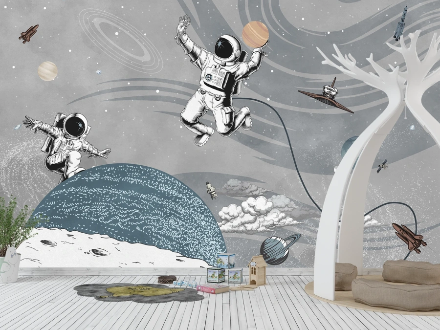 Astronauți în spațiu cu planete și rachete, fototapet pentru camera copilului